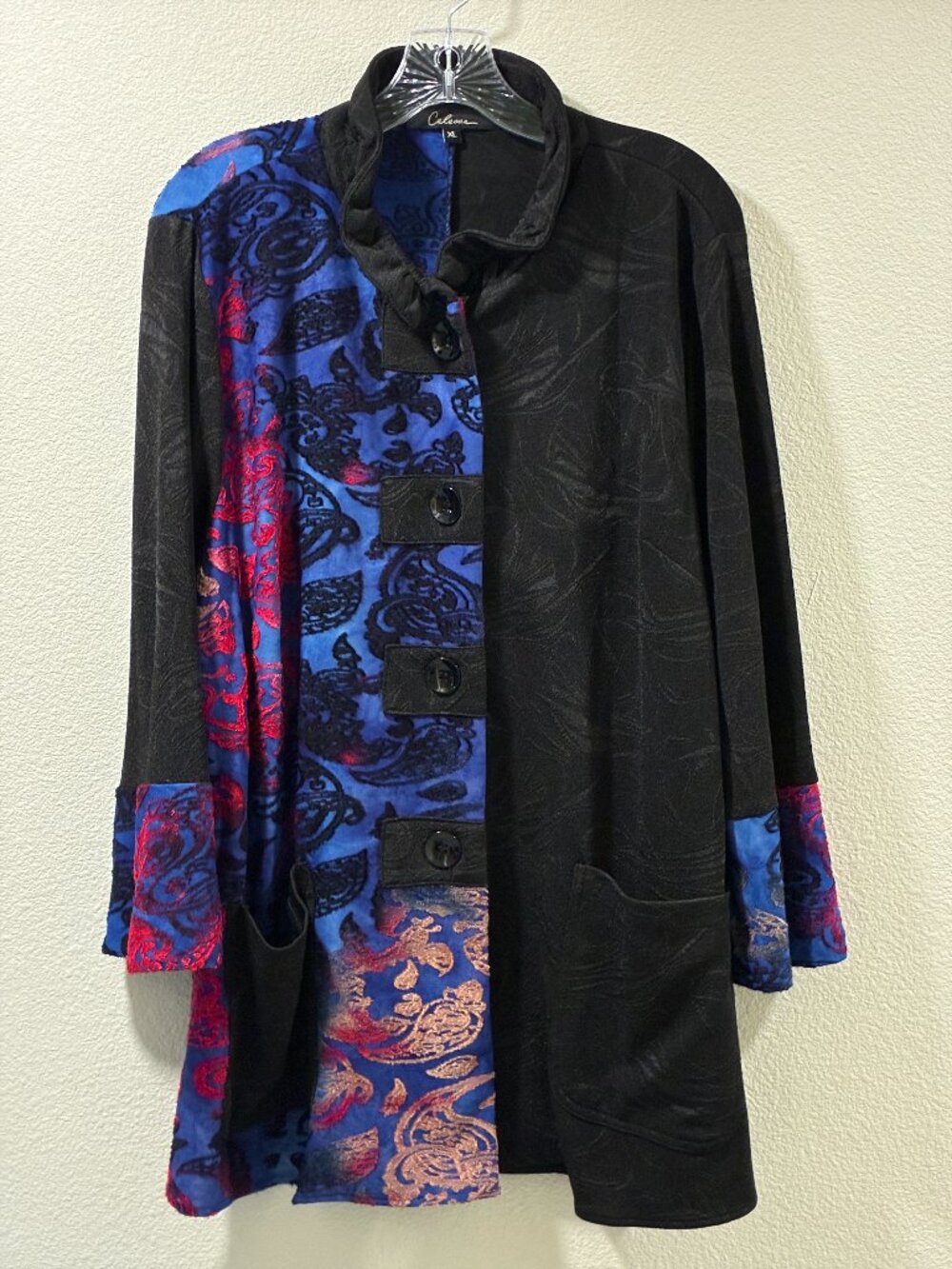 Calessa Burn Out Velvet Paisley Textured Artsy Black Multi Kimono Jacket XL EUC